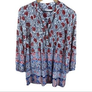 Dressbarn Floral Beaded Embellished Henley Top Rayon Blouse Medium Red White